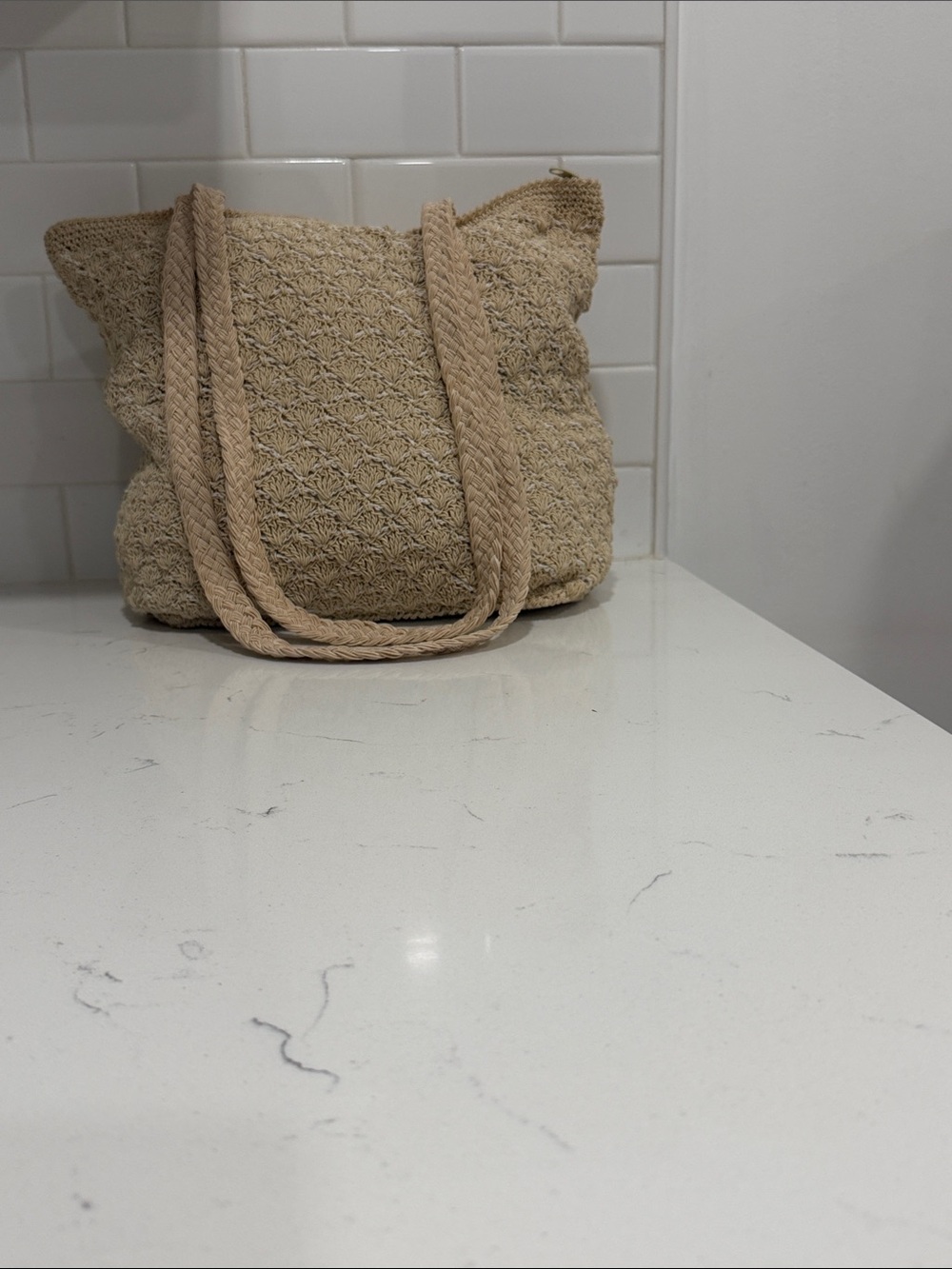 Woven Rope-Handle Tote Bag in Beige